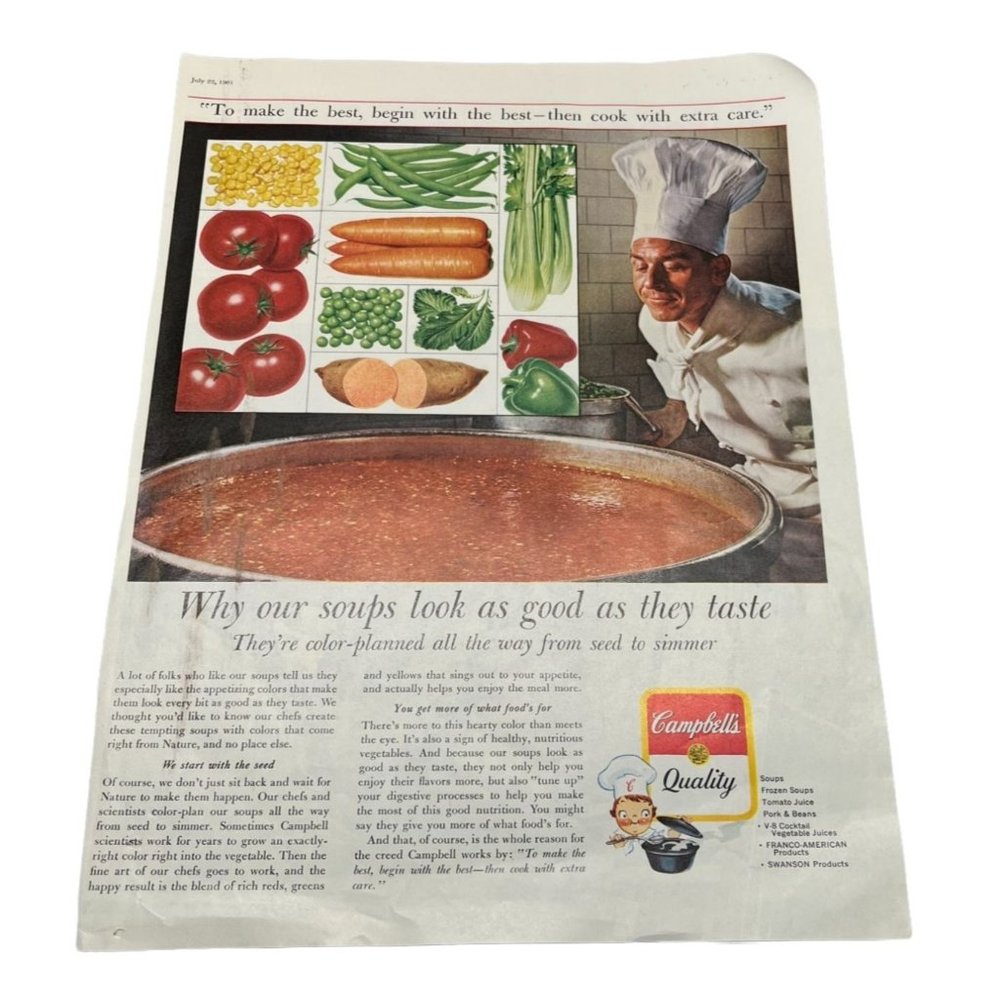 Vintage Print Ad Campbells Quality Soup Chef Cooking Vegetables Color Planned